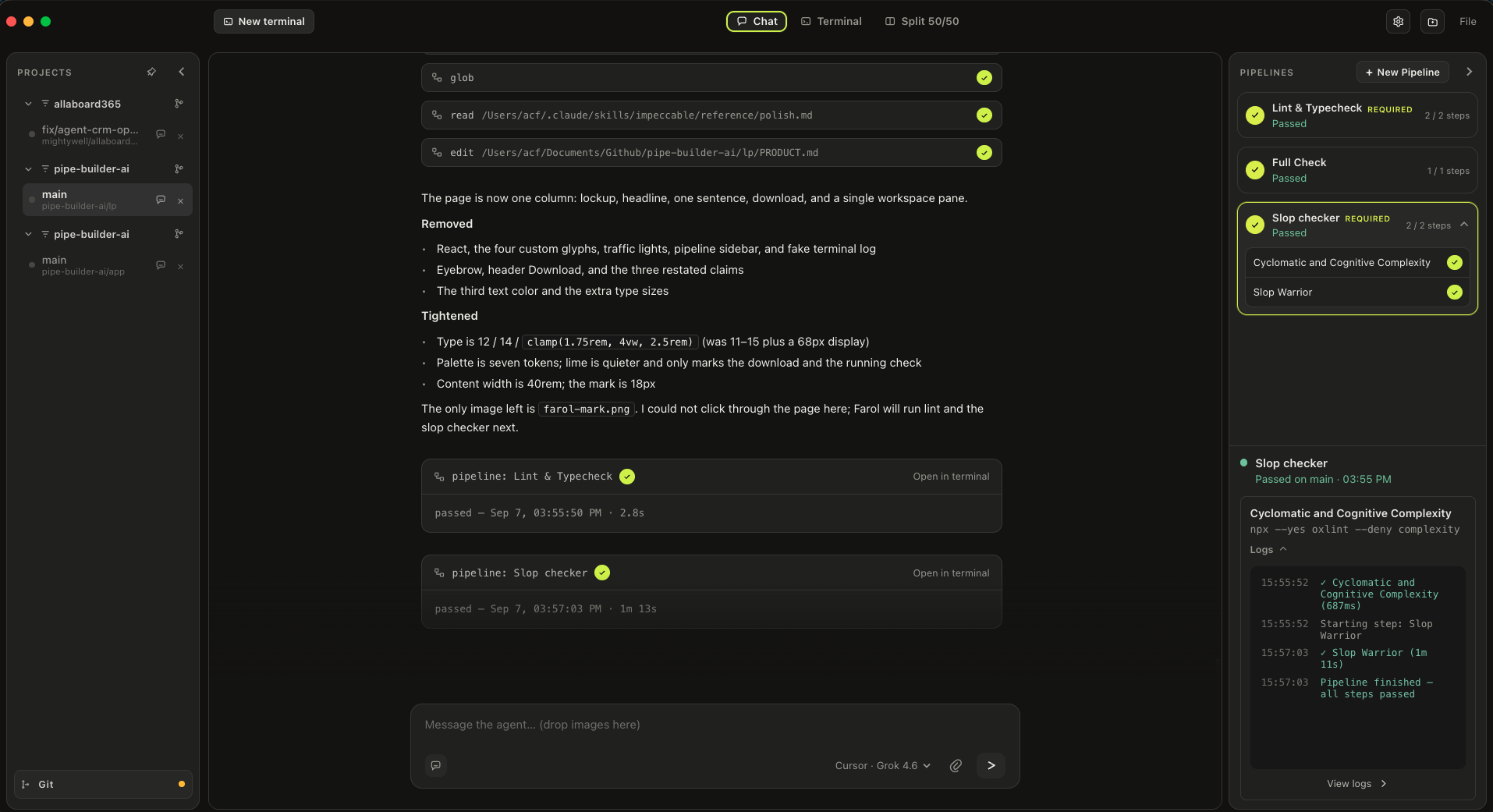Farol workspace with Chat, project rail, and pipeline results